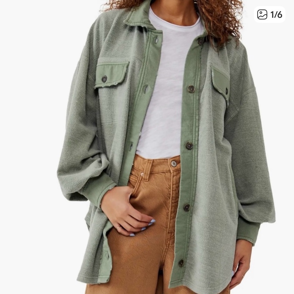 Free People Sage Green Fleece Shirt Jacket-Medium